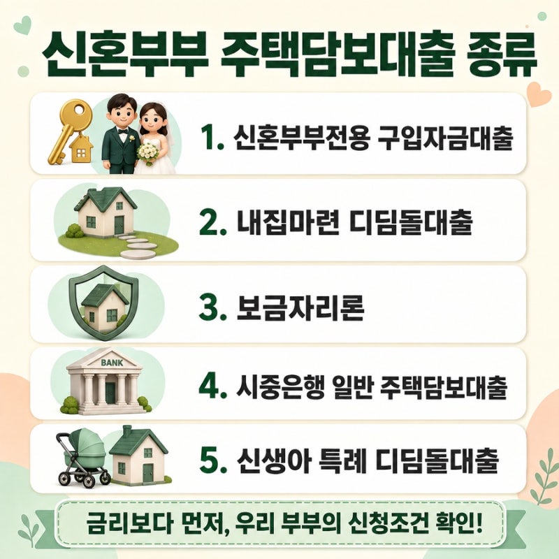 2026 신혼부부 주택담보대출 종류 총정리｜디딤돌·보금자리론·일반 주담대 비교