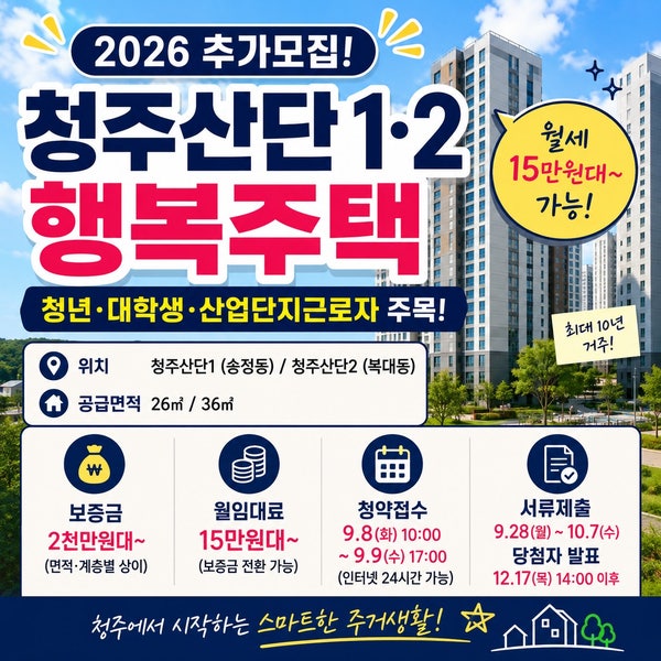 청주산단1·2 행복주택 떴다! 보증금 2천만원대·월세 15만원대, 신청자격은?