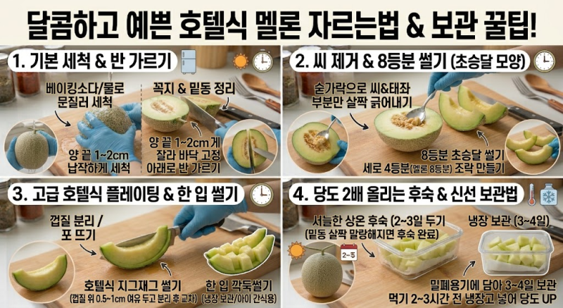 멜론 자르는법 & 후숙 꿀팁 완벽 정리! 호텔식 플레이팅 썰기·당도 올리는 법 & 보관법