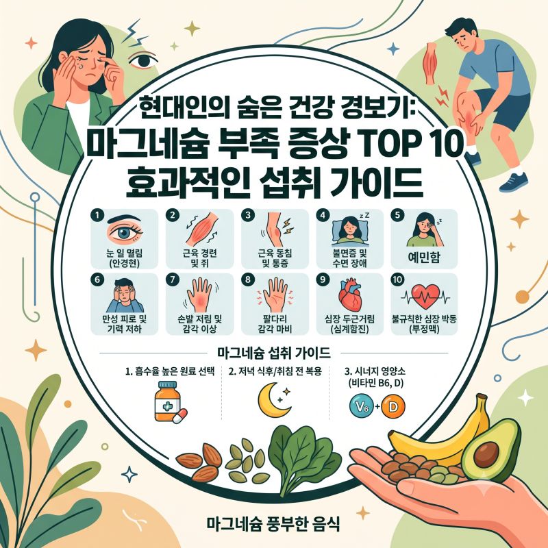 마그네슘 부족 증상 TOP 10 총정리: 눈 떨림부터 불면증, 올바른 복용법까지