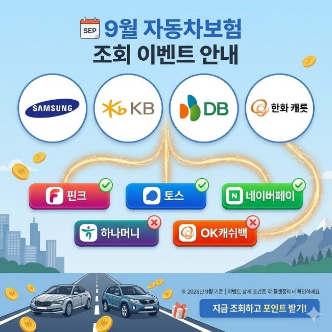 2026년 9월 자동차 보험 조회 이벤트 안내 (핀크, 토스, 네이버페이, ok캐쉬백, 하나머니)