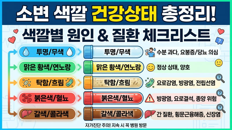 소변 색깔 건강상태 총정리! 탁함·갈색·투명·붉은색 원인 및 의심 질환 체크리스트