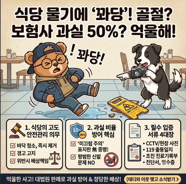 [식당 낙상사고] 바닥 물기에 꽈당 미끄러져 골절? 영업배상책임 과실 방어 & 배상금 청구법