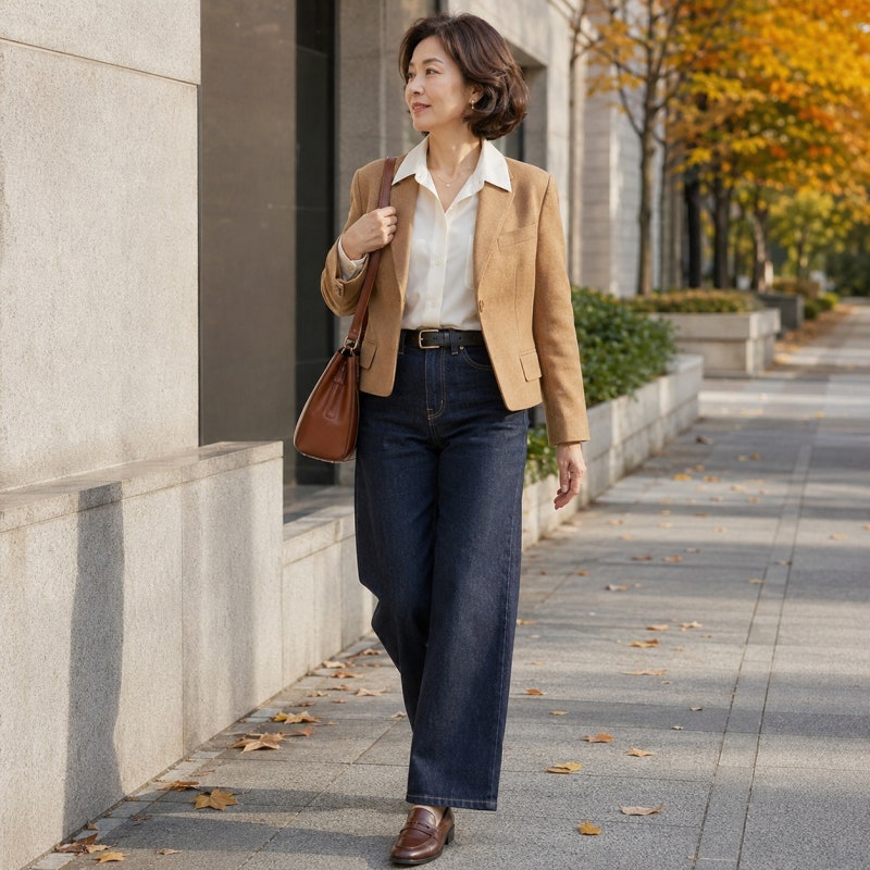 50대 여성코디, 청바지 패션 트렌드 달라졌다? 진청 와이드 데님팬츠가 뜨는 이유