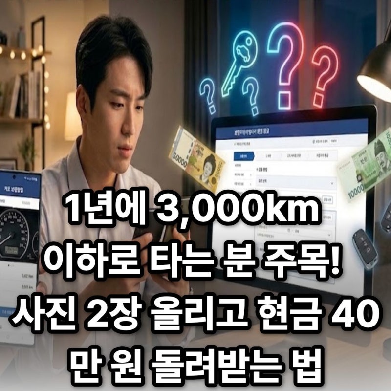 1년에 3,000km 이하로 타는 분 주목! 사진 2장 올리고 현금 40만 원 돌려받는 법 2026 자동차보험 ....