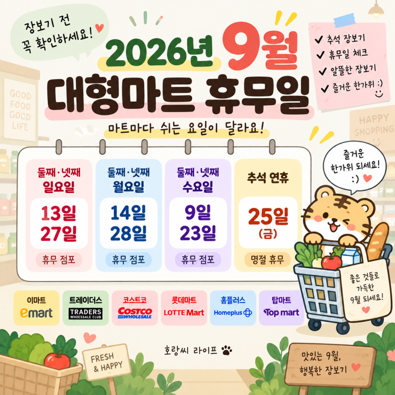 2026년 9월 대형마트 휴무일, 이마트 홈플러스 코스트코 트레이더스 쉬는날