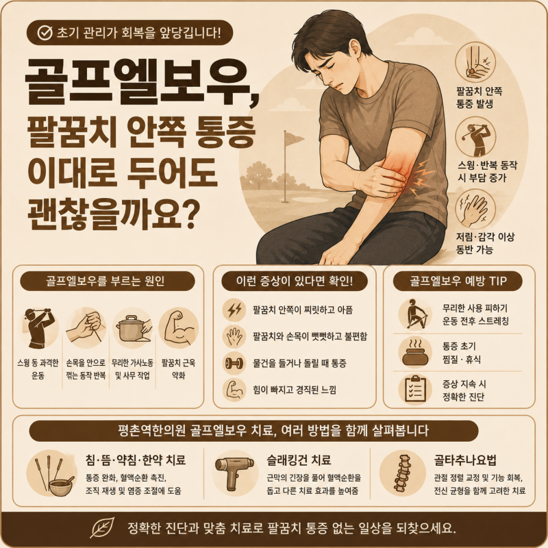 평촌역한의원 골프엘보우, 팔꿈치 안쪽 통증 이대로 두어도 괜찮을까요?