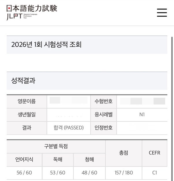 덕후 출신이 아닌 킹반인의 2026년 1차 JLPT N1 157점 합격후기 (독학/교재/공부법)