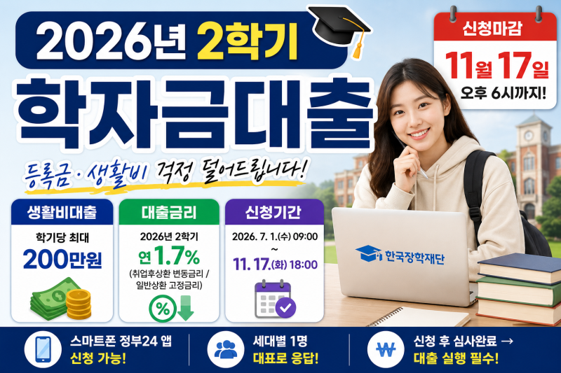 2026년 2학기 학자금대출 신청기간, 생활비 200만원·금리 1.7% 정리