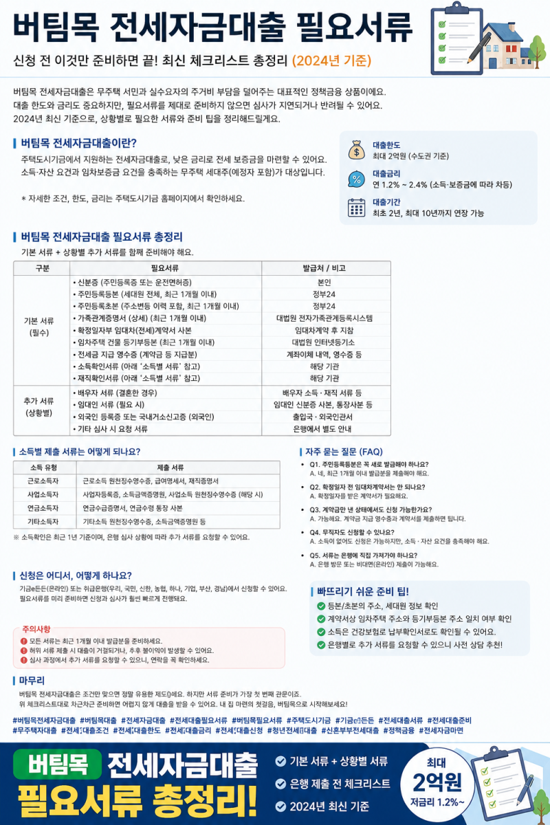 2026 버팀목 전세자금대출 필요서류 총정리｜근로자·사업자·무소득자 준비서류까지