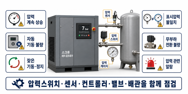 스크류 콤프레샤 압력스위치와 압력센서의 자동운전 원리