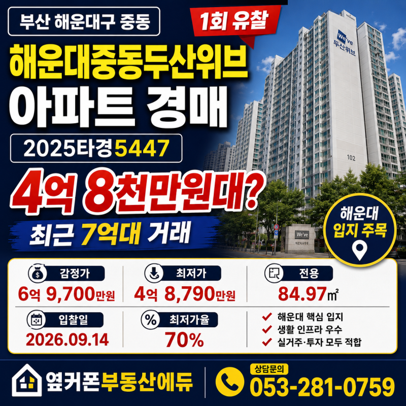 부산 해운대 해운대중동두산위브 아파트 경매 1회 유찰 4억 8천만원대 2025타경5447 사진 2