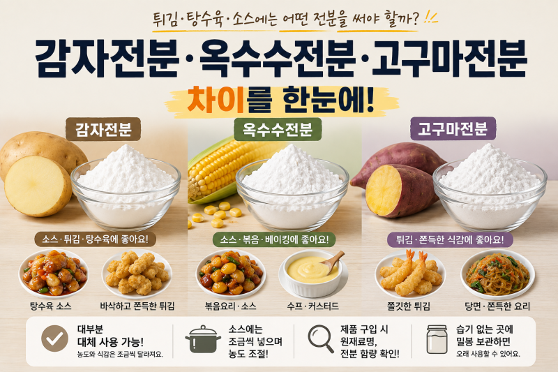 감자전분·옥수수전분·고구마전분 차이｜튀김·탕수육·소스에는 어떤 전분을 써야 할까?