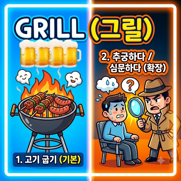 grill 뜻, 고기 굽는 '그릴'말고 '추궁하다'라는 뜻도 있다고? (영어 동사)