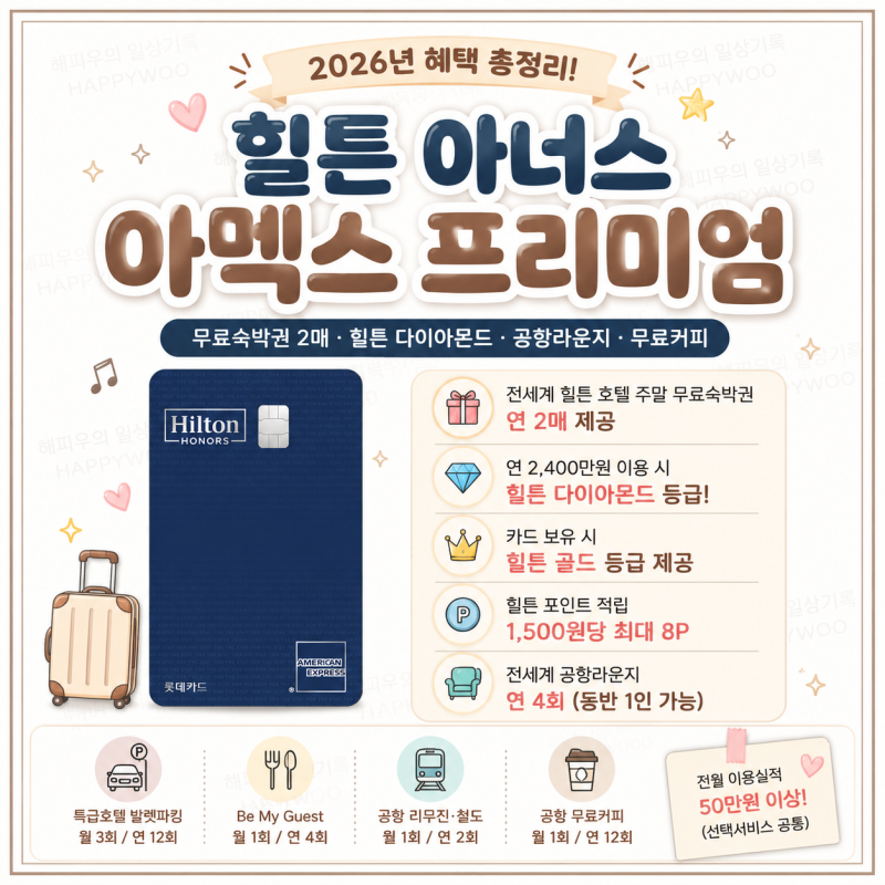 2026 롯데카드 힐튼 아너스 아멕스 프리미엄 혜택 총정리｜무료숙박권 2매·힐튼 골드·다이아....