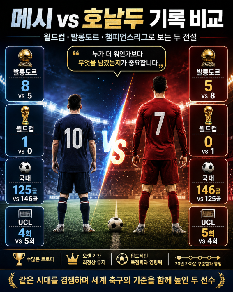메시 vs 호날두 기록 비교, 월드컵·발롱도르·챔피언스리그부터 2026년 현재까지