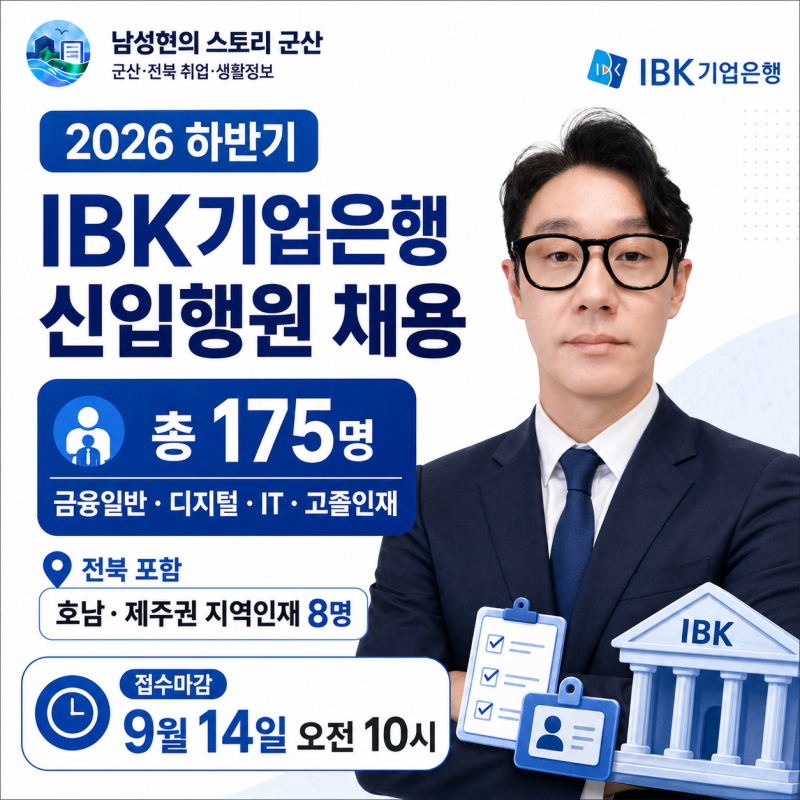 IBK기업은행 2026 하반기 신입행원 175명 채용｜지원자격·지역인재·전형·9월 14일 10시 마감