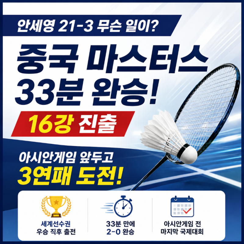 안세영 21-3 무슨 일이? 중국 마스터스 33분 완승·16강 진출, 아시안게임 앞두고 3연패 도전