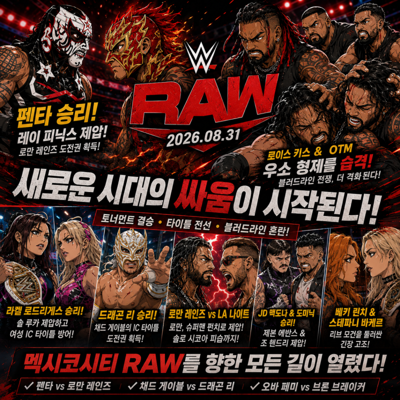 WWE RAW 8월 31일 경기 리뷰｜펜타, 레이 피닉스 꺾고 로만 레인즈 도전권 획득… 블러드라인 혼....