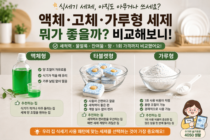 식기세척기 세제, 아직도 아무거나 쓰세요? 액체·고체·가루 비교해보니