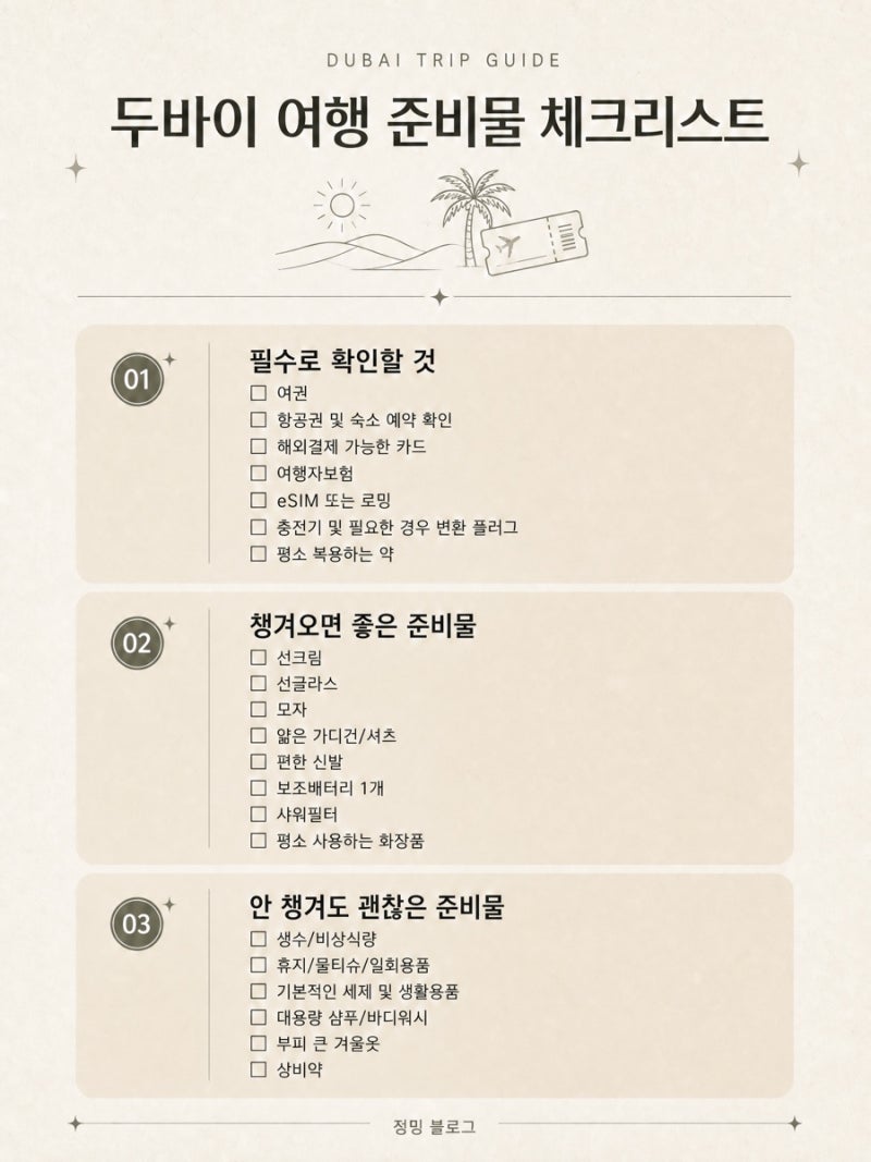 두바이 여행 준비물 리스트 | 직접 살아보니 꼭 필요한 것 vs 안 챙겨도 되는 것