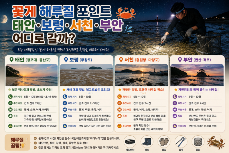 꽃게 해루질 포인트 총정리｜태안·보령·서천·부안 어디가 좋을까?