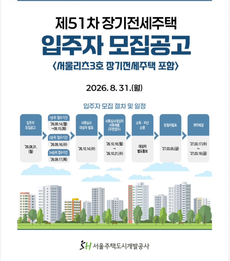 2026 SH 제51차 장기전세주택 입주자 모집공고 총정리 신청자격 소득기준 일정 공급단지 미리....