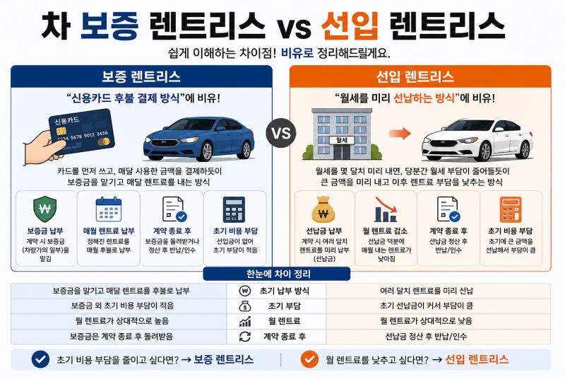 자동차 보증금 렌트리스 vs 선납 렌트리스 차이｜헷갈린다면 이 비유로 이해하세요