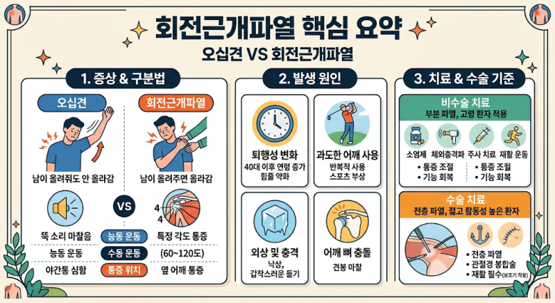 "팔 올릴 때 뚝 소리가 나요" 회전근개파열 원인과 오십견 차이점, 수술 기준 정리 ⚡