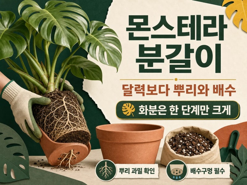 뿌리가 빙글빙글… 몬스테라 분갈이 시기와 흙과 화분 크기 선택법 (+ 뿌리 확인 | 배수구멍 |....