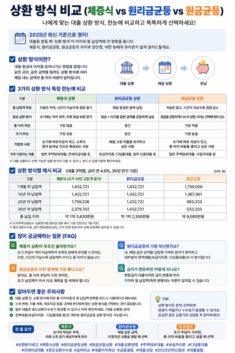 상환 방식 비교｜체증식 vs 원리금균등 vs 원금균등, 어떤 게 가장 유리할까? 2026년 기준
