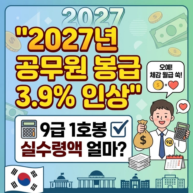 2027년 공무원 임금 3.9% 인상 확정! 9급 1호봉 실수령액은 얼마나 오를까? (봉급표 정리)