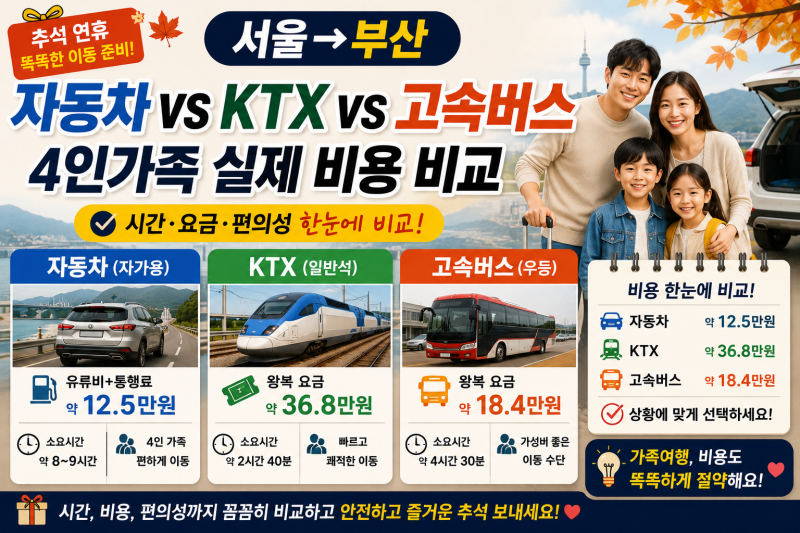 추석 서울→부산 자동차 vs KTX vs 고속버스｜4인가족 실제 비용 비교
