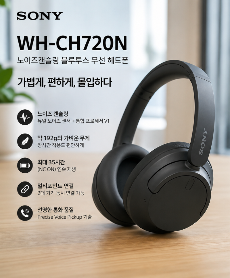 소니 WH-CH720N 노이즈캔슬링 헤드폰, 가볍고 편하게 쓰기 좋은 무선 헤드폰
