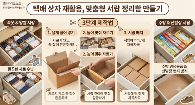 택배 상자 종이 박스 재활용 정리함 만들기 좁은 서랍 정리 꿀팁