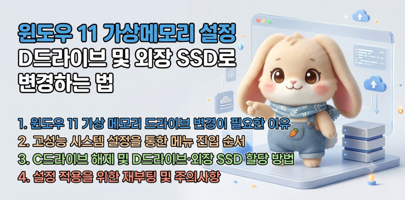 윈도우 11 가상메모리 설정 D드라이브 및 외장 SSD로 변경하는 법