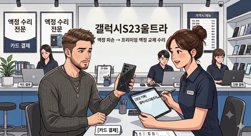 [갤럭시당일수리] 갤럭시 S23 울트라 액정 파손 터치 불량, 프리미엄 액정 교체 중 발견된 볼....