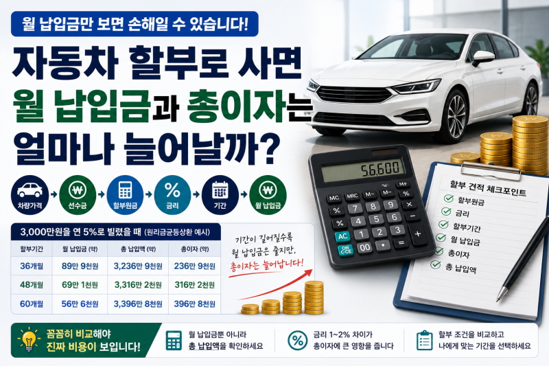 자동차 할부로 사면 월 납입금과 총이자는 얼마나 늘어날까?