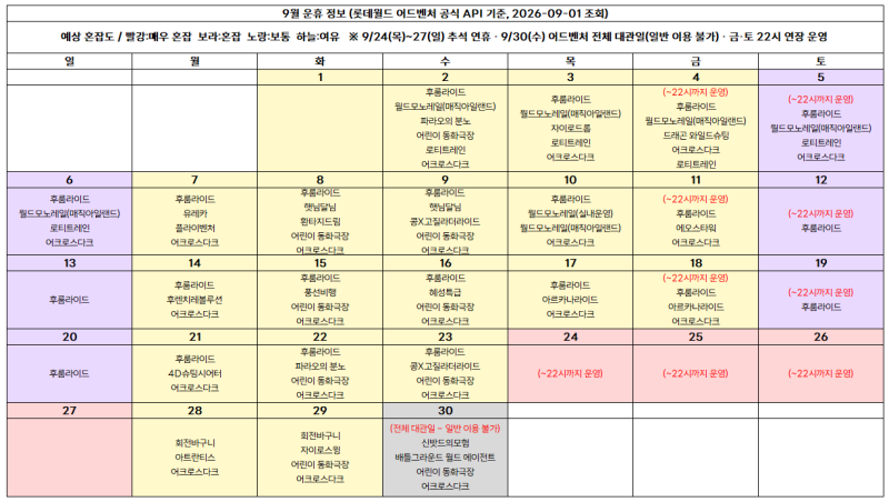 [꿀팁] 9월 롯데월드 이벤트, 콜라보, 예상 혼잡도, 공연 시간 정보, 포토존, 굿즈 정리