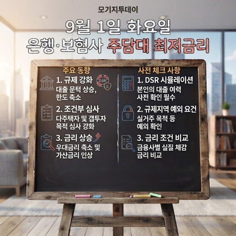 하나은행 주담대(주택담보대출) 금리 5.81% 등 9월 1일 은행 보험사 전세퇴거자금대출 최저 금....