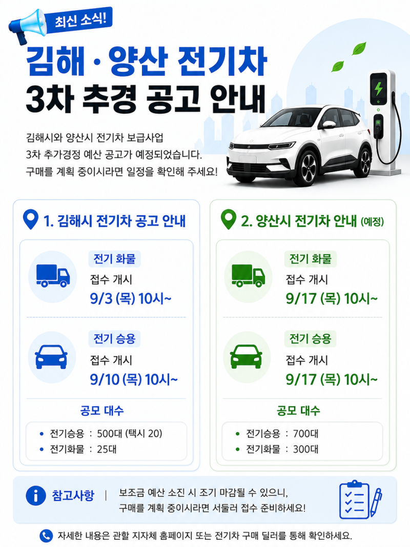 [전기차 보조금] 김해·양산시 9월 전기차 보조금 3차 추경 공고! 접수 일정 및 배정 전략 총정....