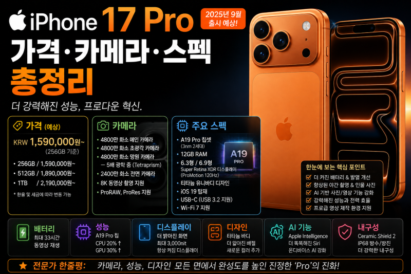 아이폰17 프로 가격·카메라·스펙 총정리｜A19 Pro·48MP 카메라·8배 줌