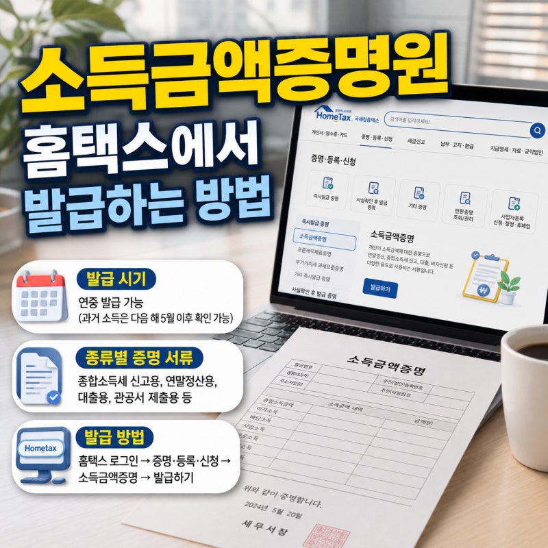 소득금액증명원, 홈택스에서 발급방법, 시점, 종류별로 증명할 수 있는 서류