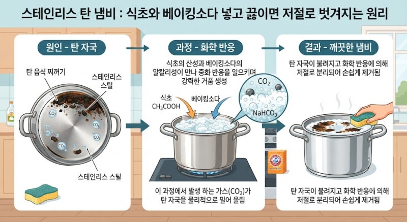 스테인리스 탄 냄비, 식초와 베이킹소다 넣고 끓이면 저절로 벗겨지는 원리