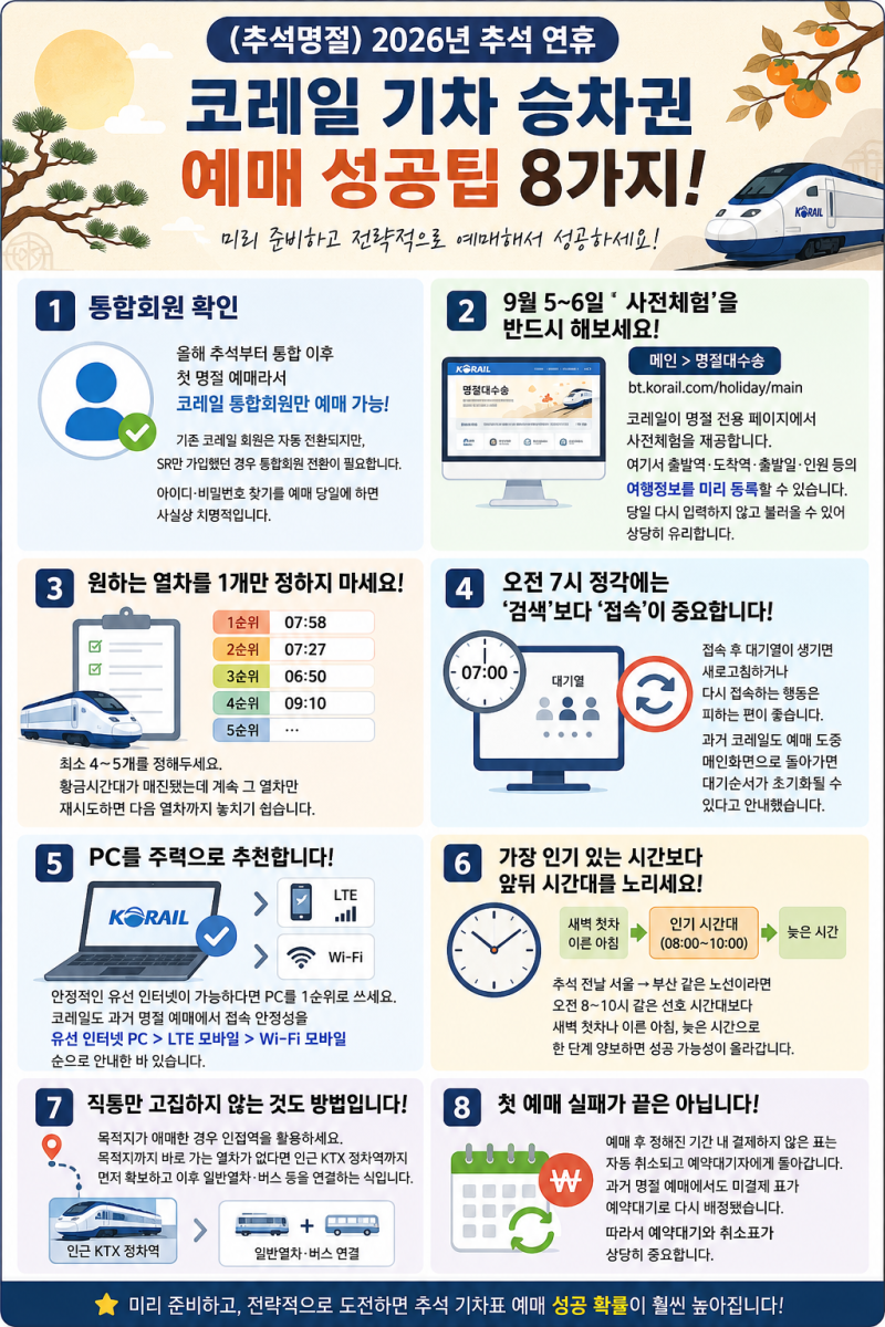 (추석명절) 2026년 추석 연휴 코레일 기차 승차권 예매 시작일 & 성공팁