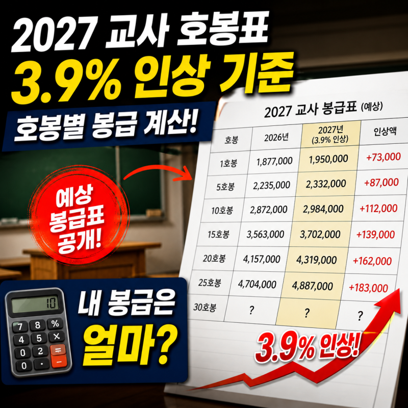 2027 교사 호봉표 예상, 3.9% 인상 기준 호봉별 봉급 계산