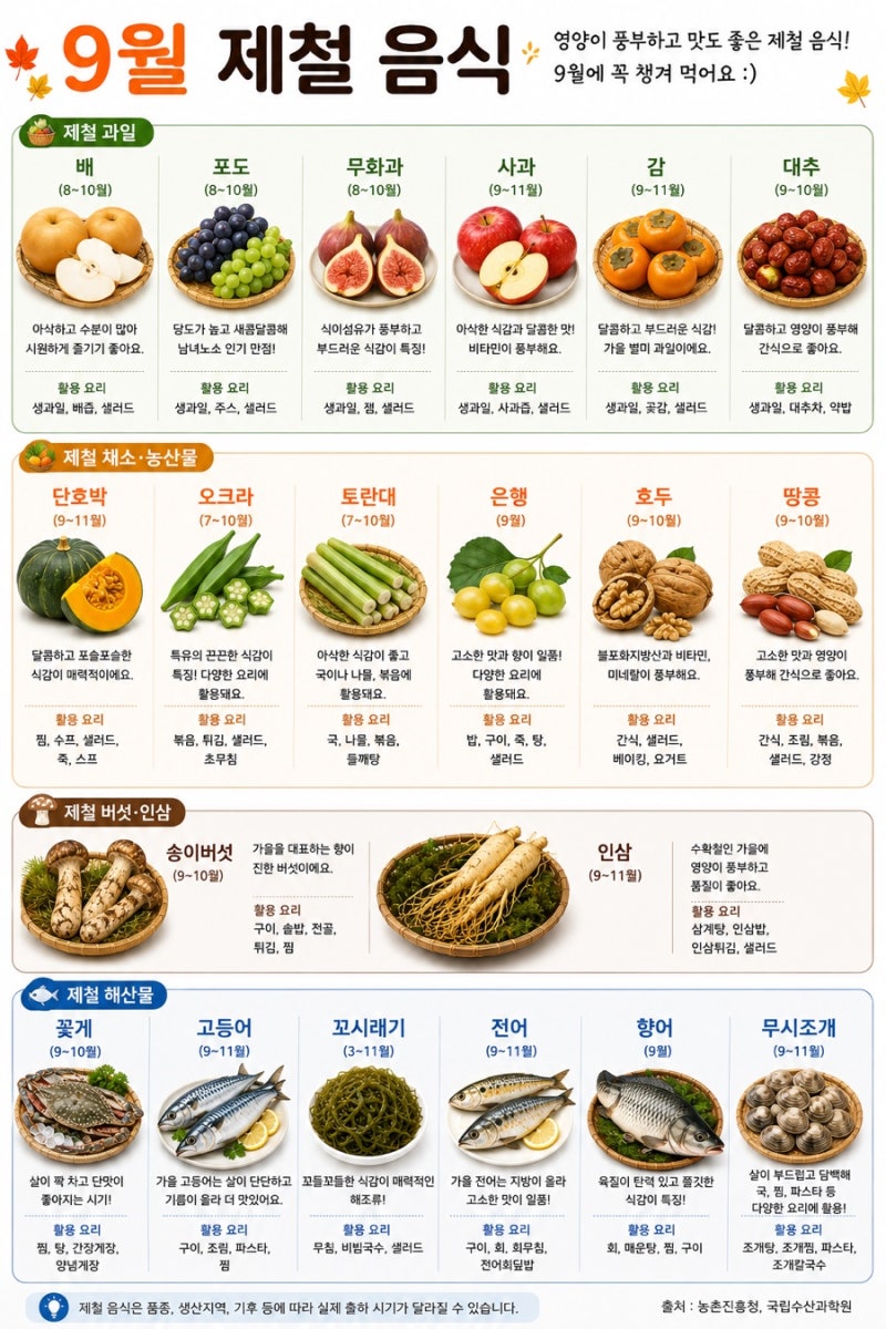 9월 제철 음식 총정리 가을 제철 과일 채소 해산물 뭐가 있을까?