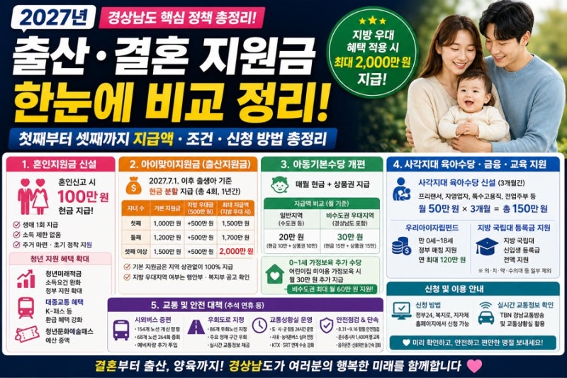 2027년 경상남도 출산지원금 및 결혼지원금 총정리: 첫째부터 셋째까지 지급액 비교