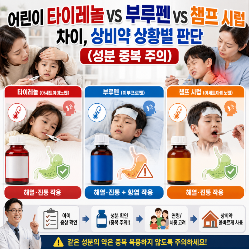 어린이 타이레놀 vs 부루펜 vs 챔프 시럽 차이, 상비약 상황별 판단 (성분 중복 주의)