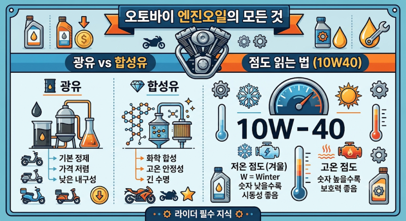 [삼정바이크]오토바이 엔진오일의 모든 것: 광유 vs 합성유 차이, 오일 점도(10W40 등) 완벽 가....